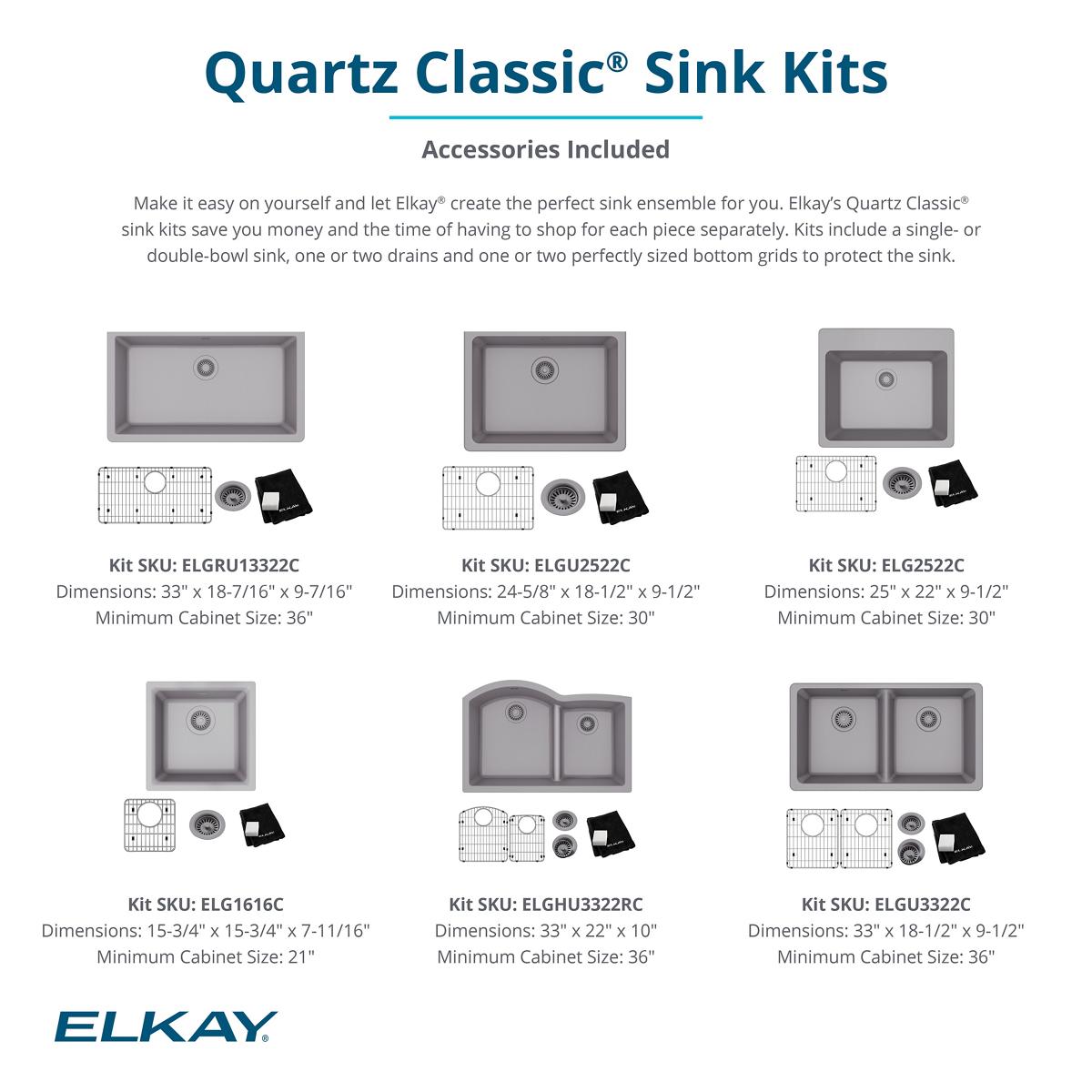 Elkay Quartz Classic 33" Undermount Quartz Kitchen Sink Kit, 50/50 Double Bowl, Black, ELGU3322BK0C