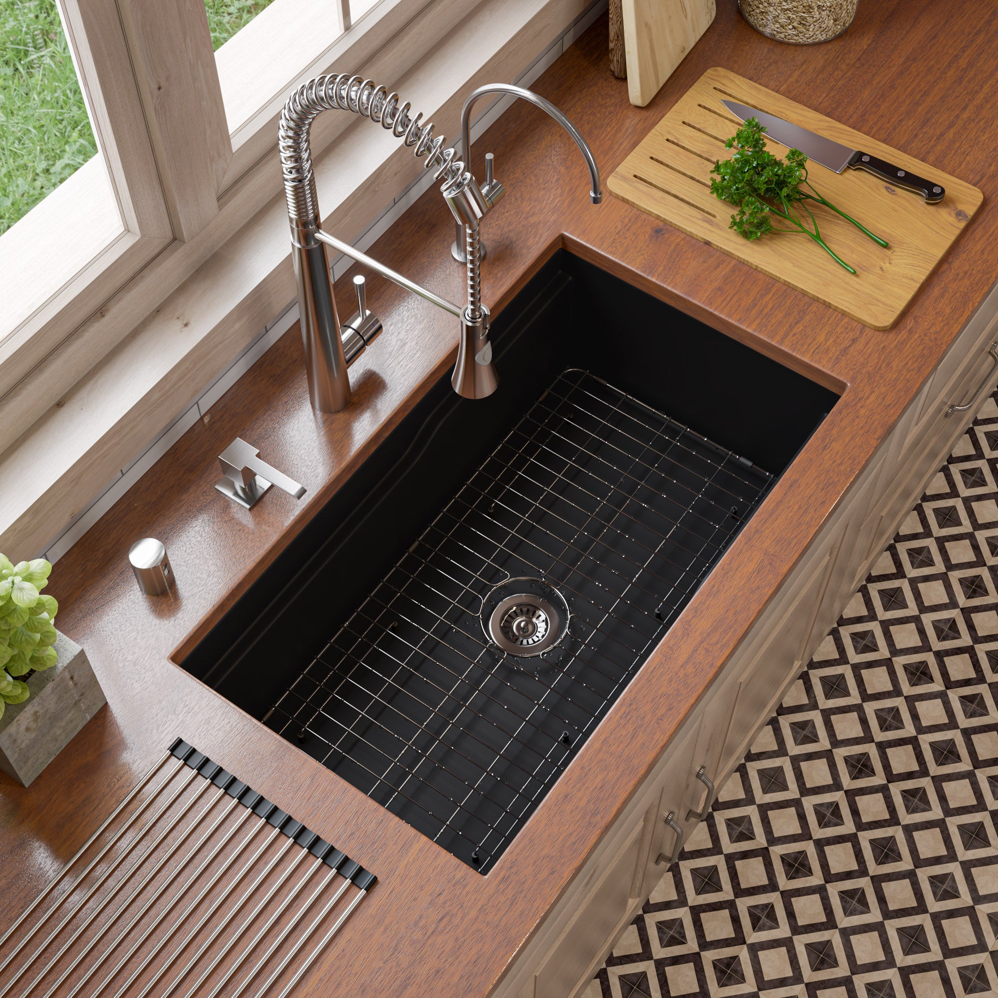 ALFI brand 32 fireclay workstation farmhouse step rim sink black matte product image