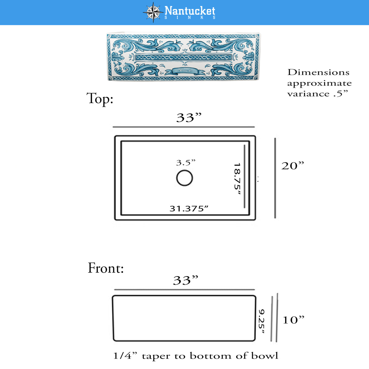 Nantucket Sinks Vineyard 33" Fireclay Farmhouse Sink with Accessories, White/Blue, FCFS3320S-BluMare