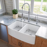 ALFI brand 33" Fireclay Farmhouse Sink with Accessories, 50/50 Double Bowl, White, ABFC3320D-W