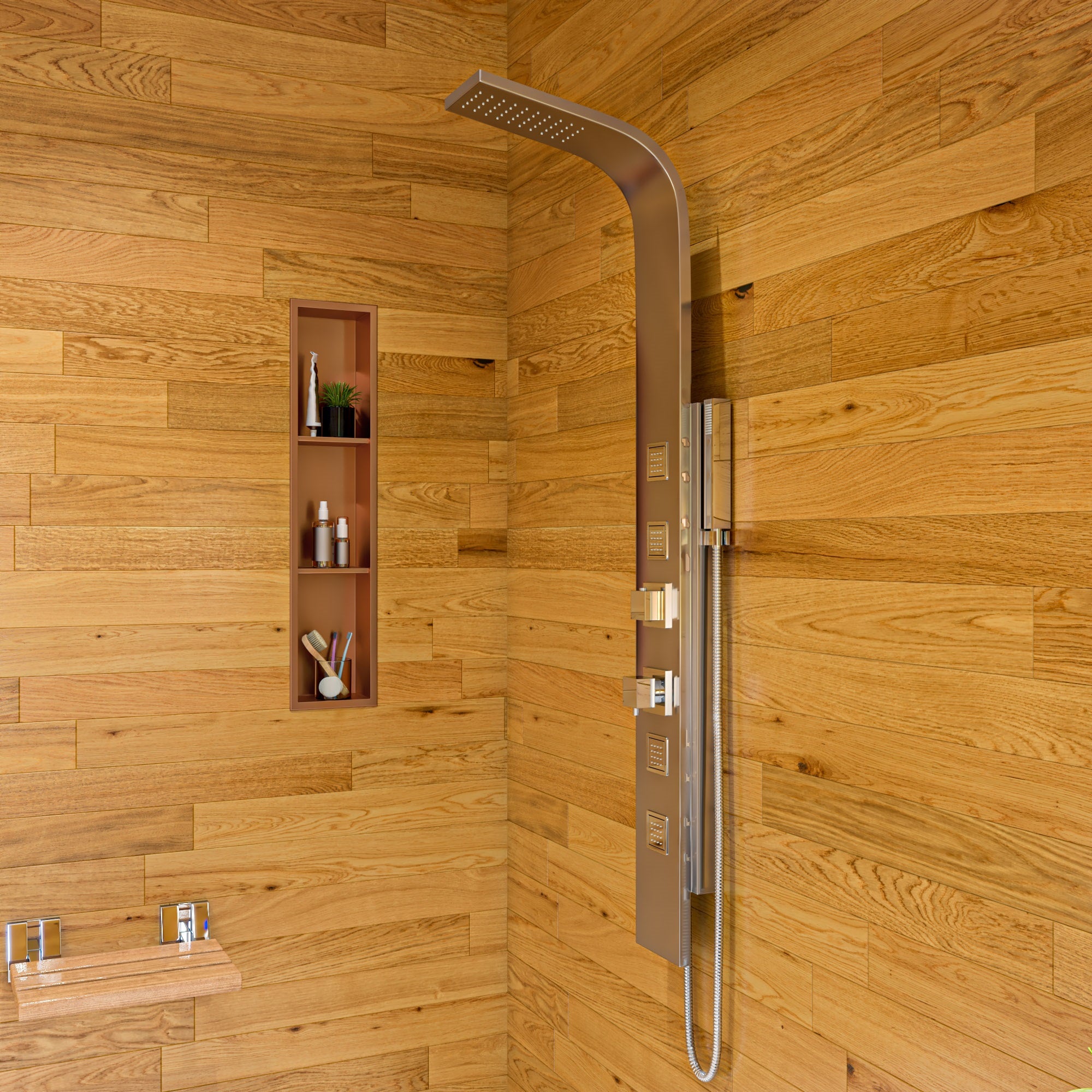 ALFI brand ABS16S-PC Polished Chrome 16" Folding Teak Wood Shower Seat Bench, Natural Wood