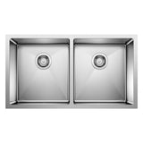 Blanco Quatrus 32" Undermount Stainless Steel Kitchen Sink, 50/50 Double Bowl, Satin Polish, 18 Gauge, No Faucet Hole, 443149