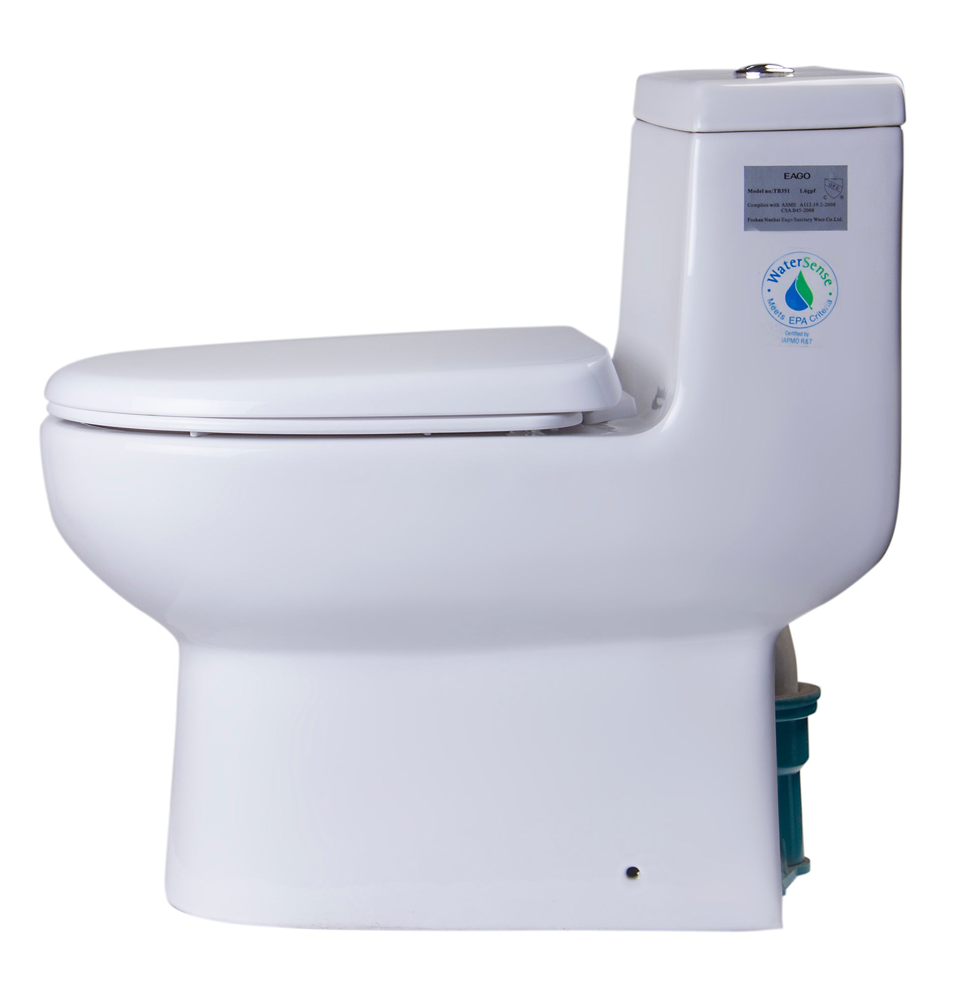 EAGO Porcelain, White, TB351 Dual Flush One Piece Eco-Friendly High-Efficiency Low Flush Ceramic Toilet