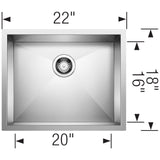 Blanco Quatrus 22" Undermount Stainless Steel Kitchen Sink, Satin Polish, 18 Gauge, No Faucet Hole, 443050