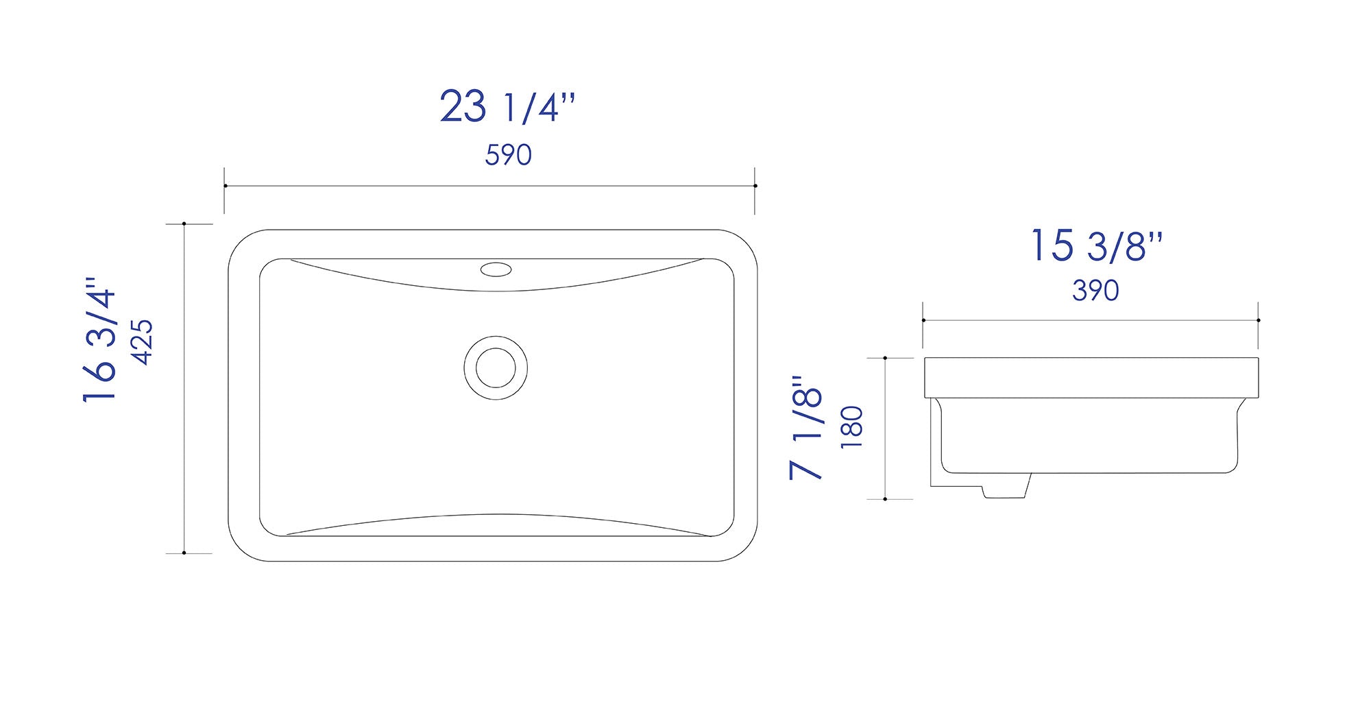 ALFI brand 23.25" x 16.75" Rectangle Under Mount Porcelain Bathroom Sink, White, No Faucet Hole, ABC603