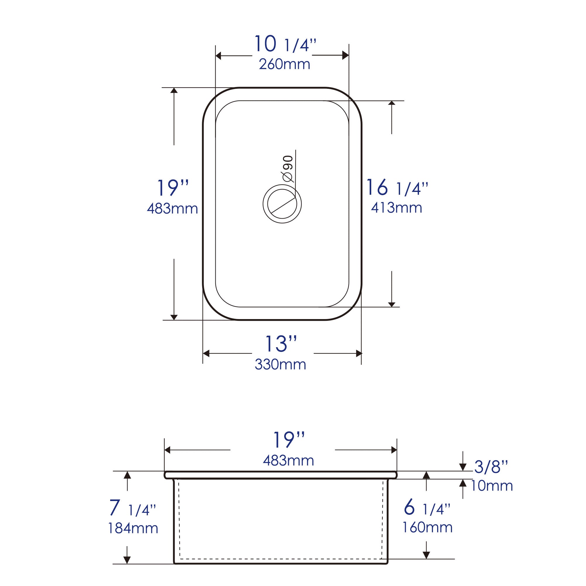 ALFI brand 19 rectangle fireclay bar/prep sink white dimensions image