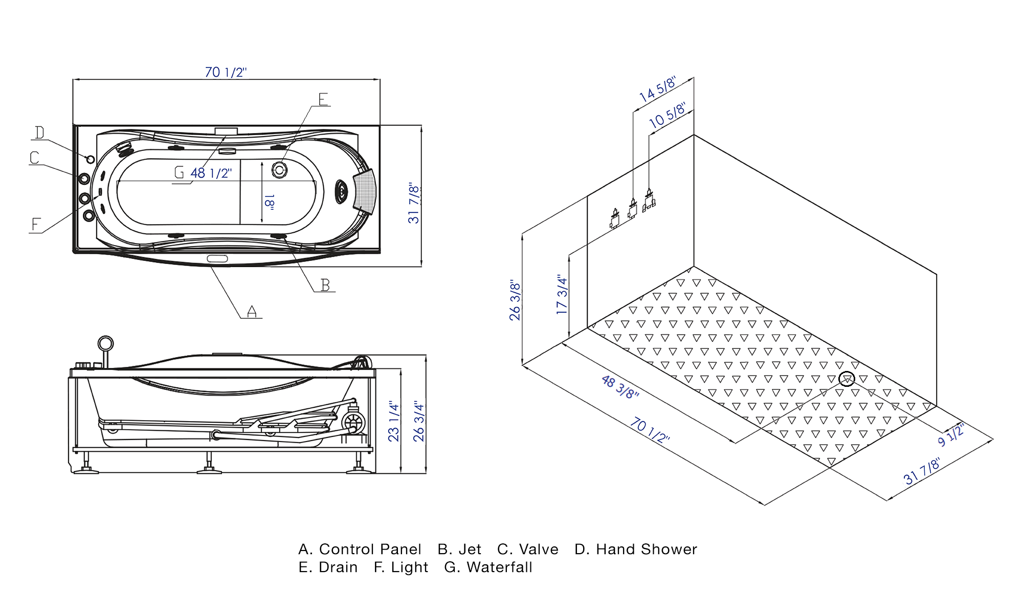 Alternative View of Eago 71" Acrylic Corner Rectangle Bathtub with Fixtures, White, AM189ETL-L