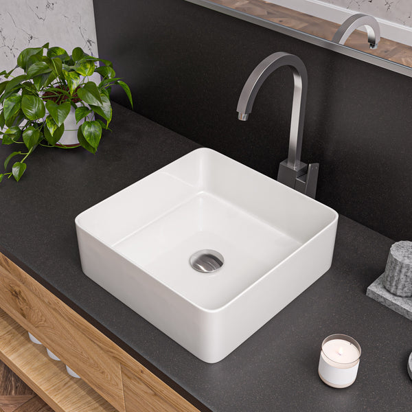 ALFI brand 15.13" x 15.13" Square Above Mount Porcelain Bathroom Sink, White, No Faucet Hole, ABC903-W