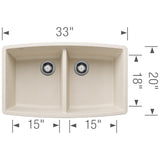Blanco Performa 33" Undermount Silgranit Kitchen Sink, 50/50 Double Bowl, Soft White, No Faucet Hole, 443086