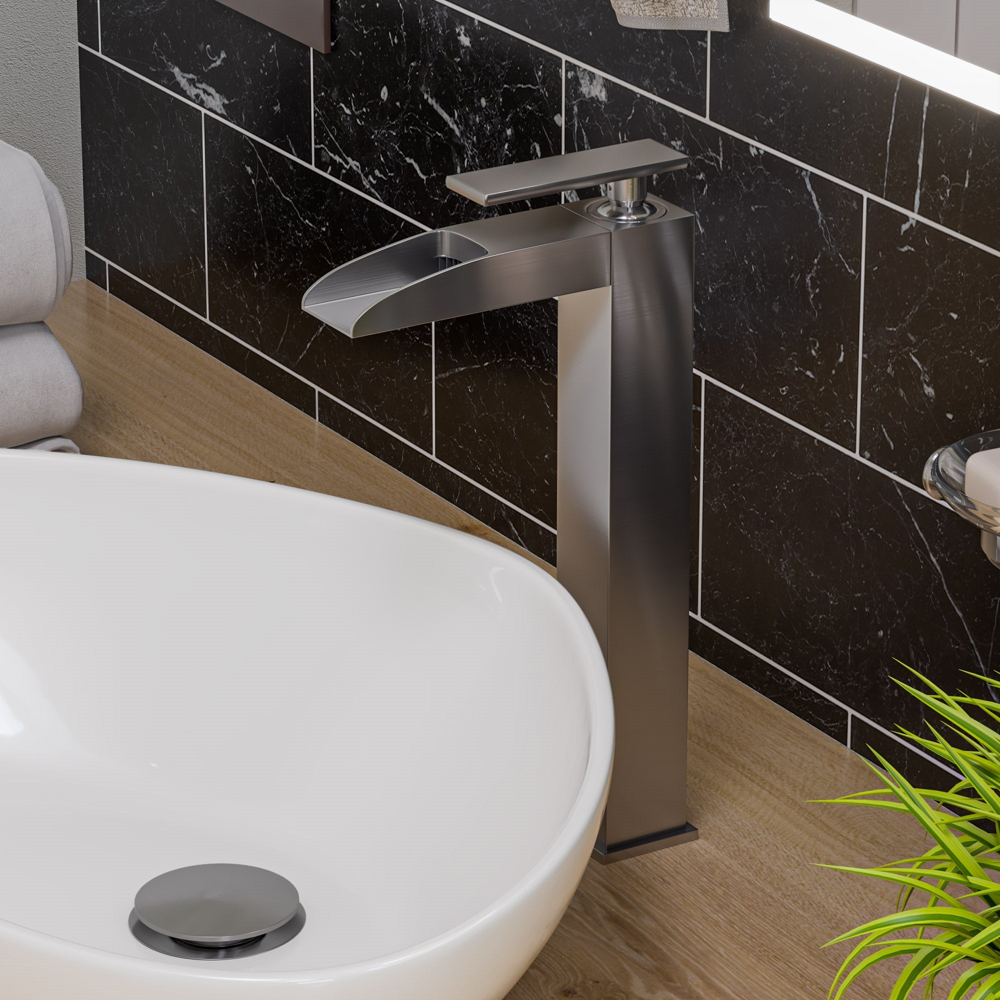 ALFI Brushed Nickel Single Hole Tall Waterfall Bathroom Faucet, AB1597-BN