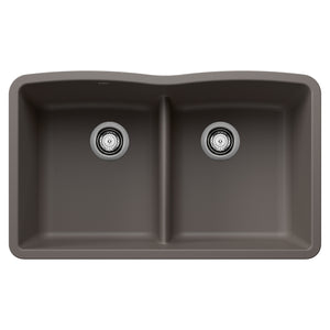 Alternate Image for Blanco Diamond 32" Undermount Silgranit Kitchen Sink, 50/50 Double Bowl, Volcano Gray, No Faucet Hole, 443106