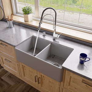 Alternate Image for ALFI brand 33" Fireclay Farmhouse Sink, 50/50 Double Bowl, Gray Matte, No Faucet Hole, ABF3318D-GM