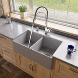 ALFI brand 33" Fireclay Farmhouse Sink, 50/50 Double Bowl, Gray Matte, No Faucet Hole, ABF3318D-GM