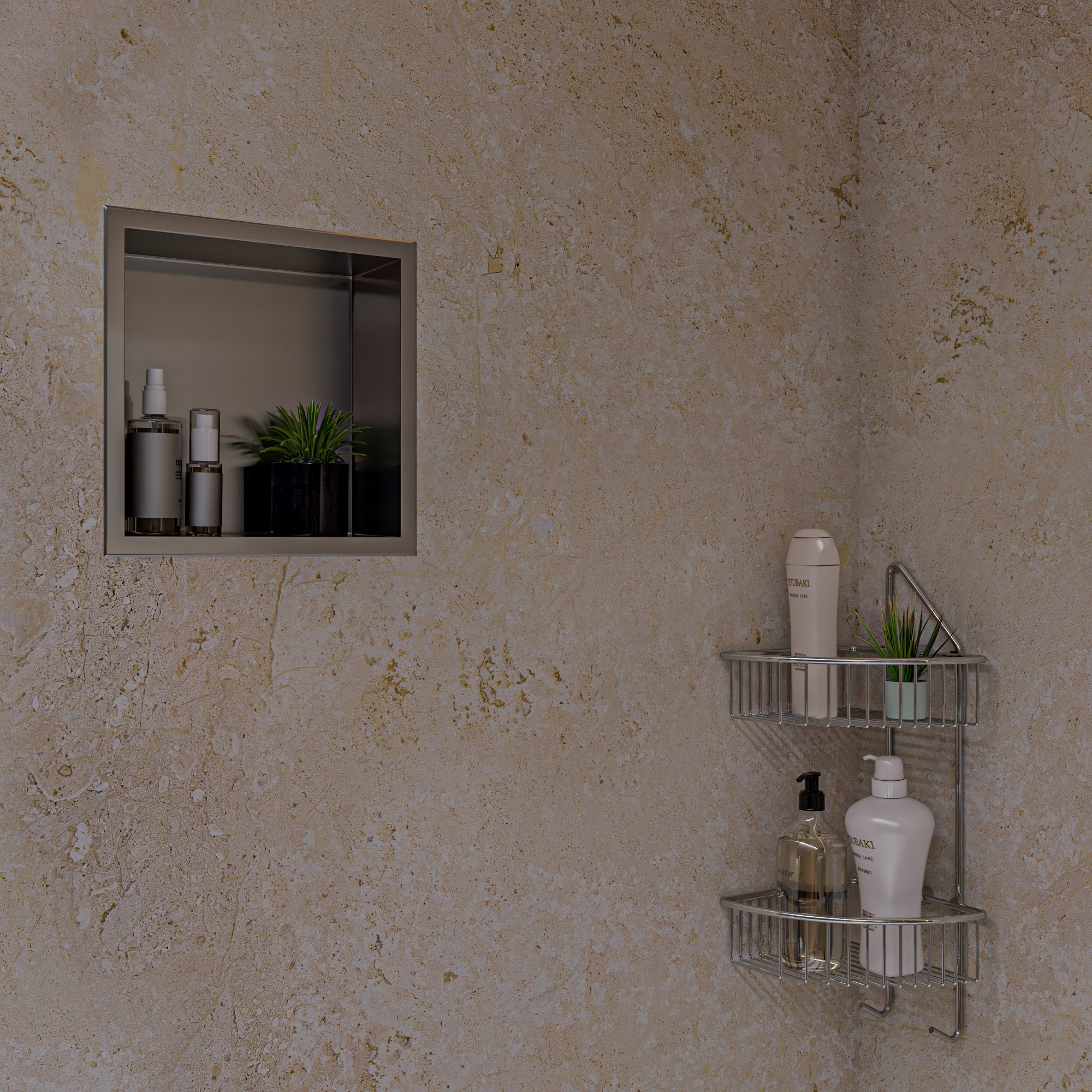 ALFI brand AB9532 Polished Chrome Corner Mounted Double Basket Shower Shelf Bathroom Accessory, Brass, Grey