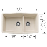 Blanco Performa 33" Undermount Silgranit Kitchen Sink, 60/40 Double Bowl, Soft White, No Faucet Hole, 443088