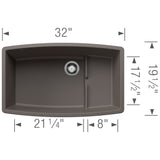 Blanco Performa 32" Undermount Silgranit Kitchen Sink, Volcano Gray, No Faucet Hole, 443122