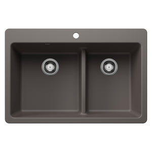 Alternate Image for Blanco Liven 33" Dual Mount Silgranit Kitchen Sink, 60/40 Double Bowl, Volcano Gray, 1 Faucet Hole, 443216
