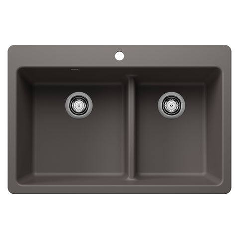 Blanco Liven 33" Dual Mount Silgranit Kitchen Sink, 60/40 Double Bowl, Volcano Gray, 1 Faucet Hole, 443216