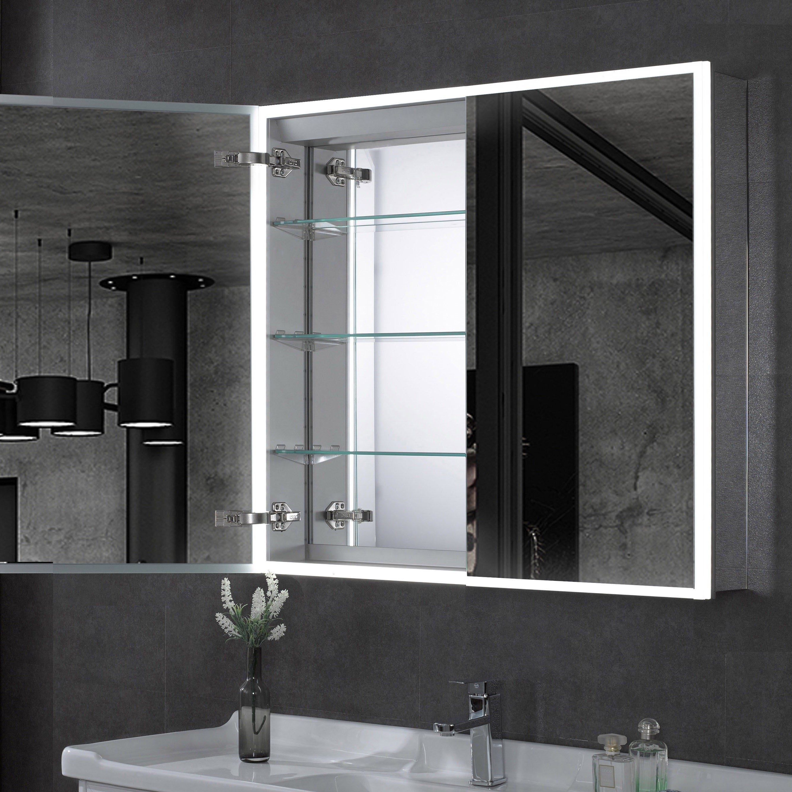 ALFI brand ABMC3630 36" x 30" Double Door LED Light Medicine Cabinet, Aluminum, Gray