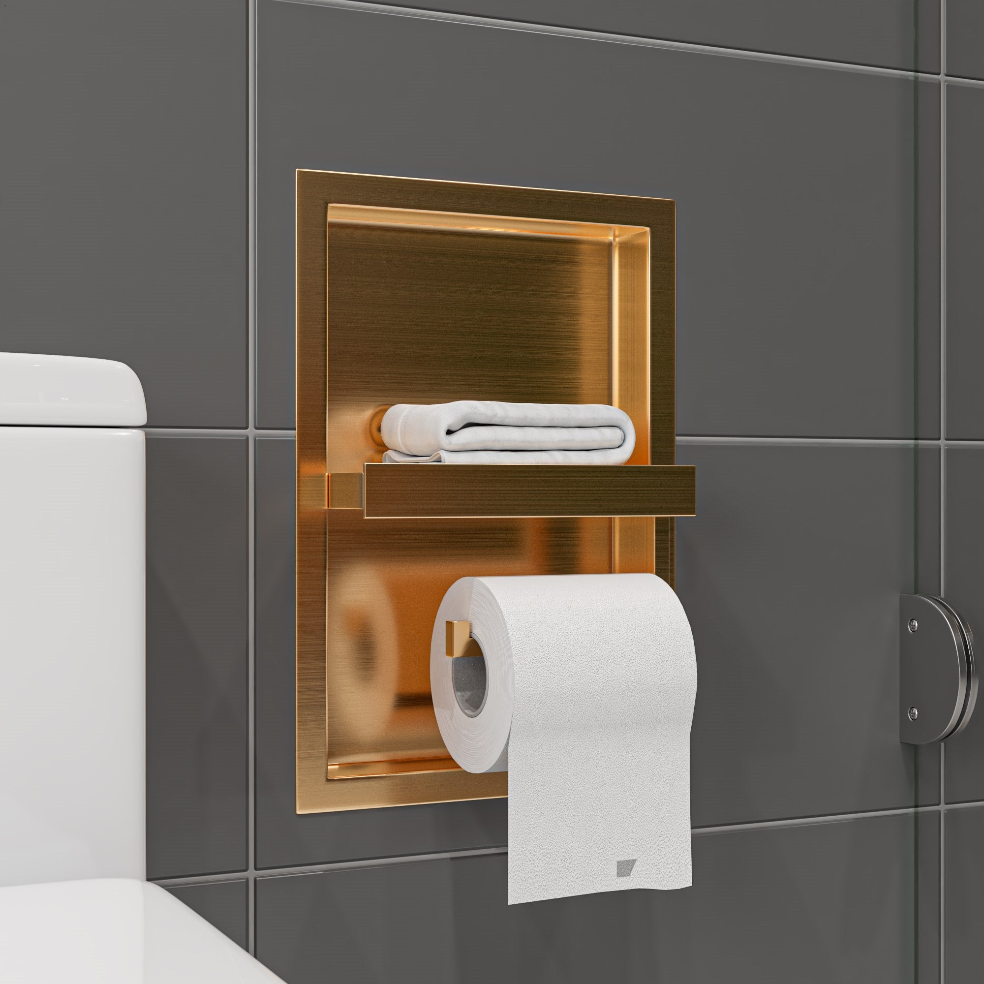 ALFI brand ABTPNP88-BG Brushed Gold PVD Stainless Steel Recessed Toilet Paper Holder Niche, 19 Gauge