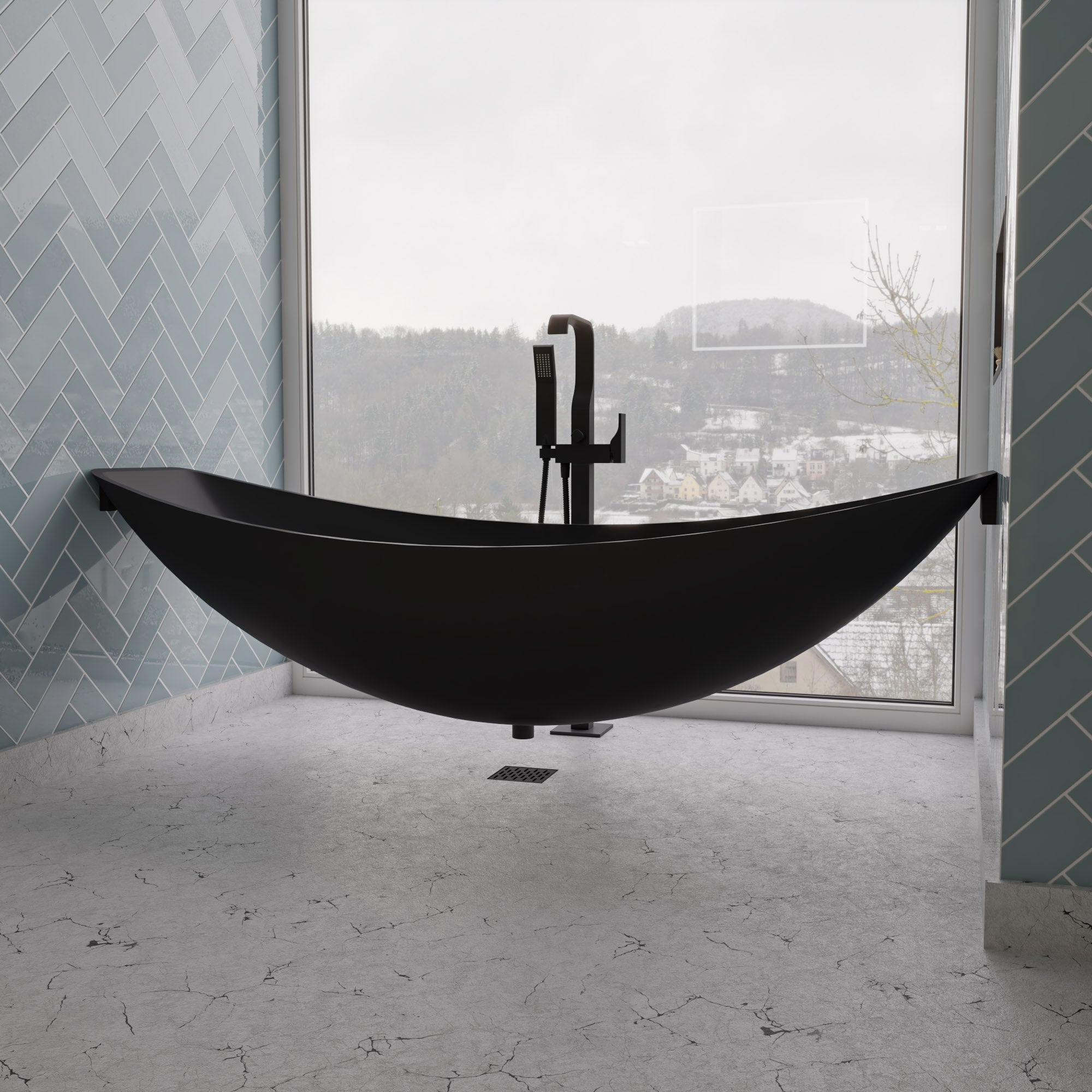 ALFI brand 79" Acrylic Wall Mount Oval Bathtub, Black Matte, HammockTub1-BM
