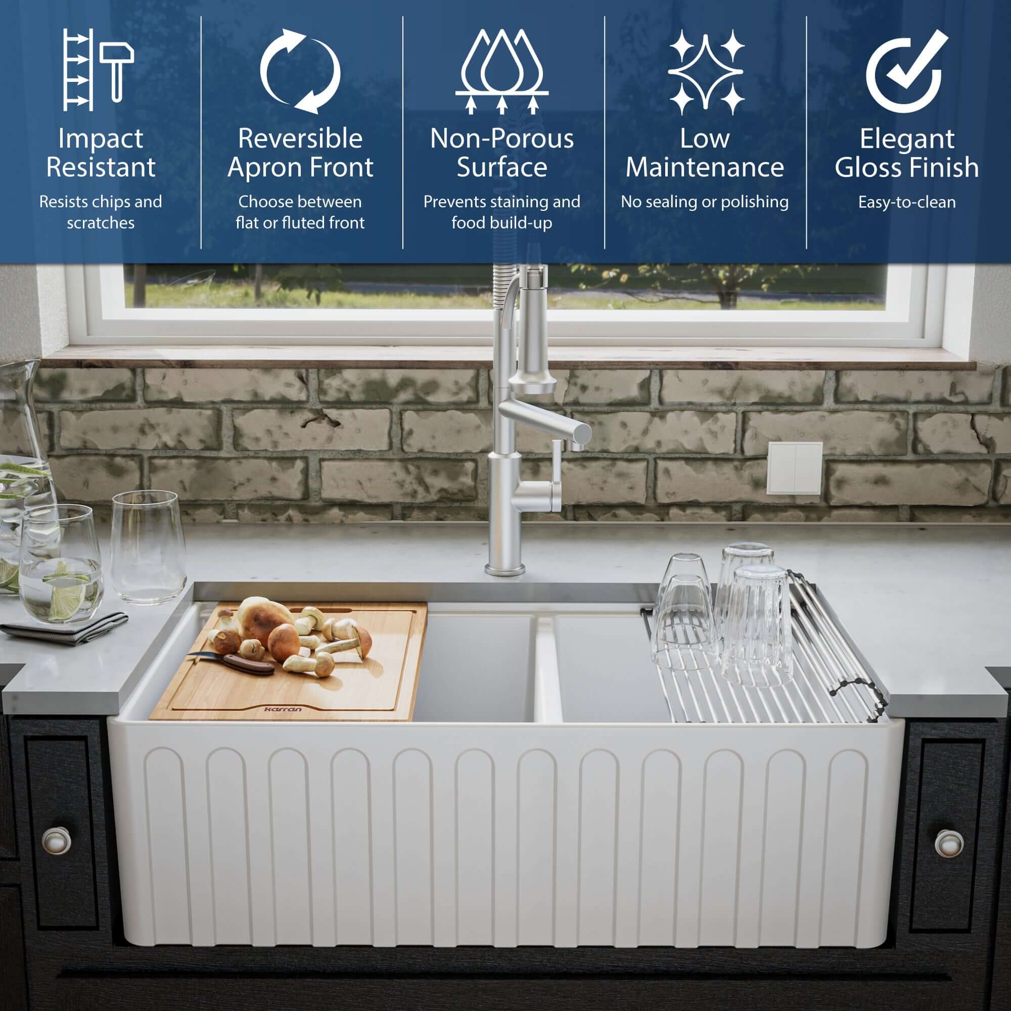 Karran Fireclay 33" Fireclay Workstation Farmhouse Sink with Accessories, 60/40 Double Bowl, White, FCWSF33DBWH-PK1