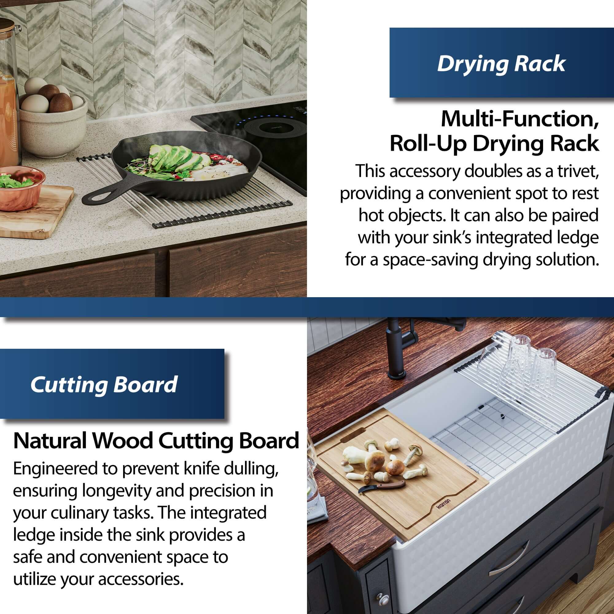 Karran Fireclay 33" Fireclay Workstation Farmhouse Sink with Accessories, White, FCWSD33SBWH-PK1