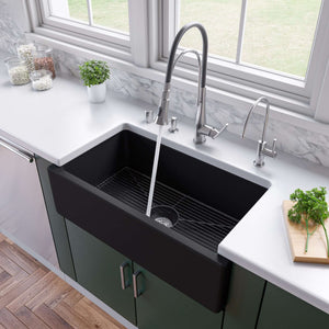 Alternate Image for ALFI 33" Fireclay Farmhouse Kitchen Sink, Single Bowl, Reversible, Black Matte, AB3318HS-BM