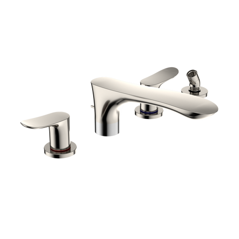 TOTO GO Two-Handle Deck-Mount Roman Tub Filler Trim with Handshower, Polished Nickel, Brass, TBG01202U#PN