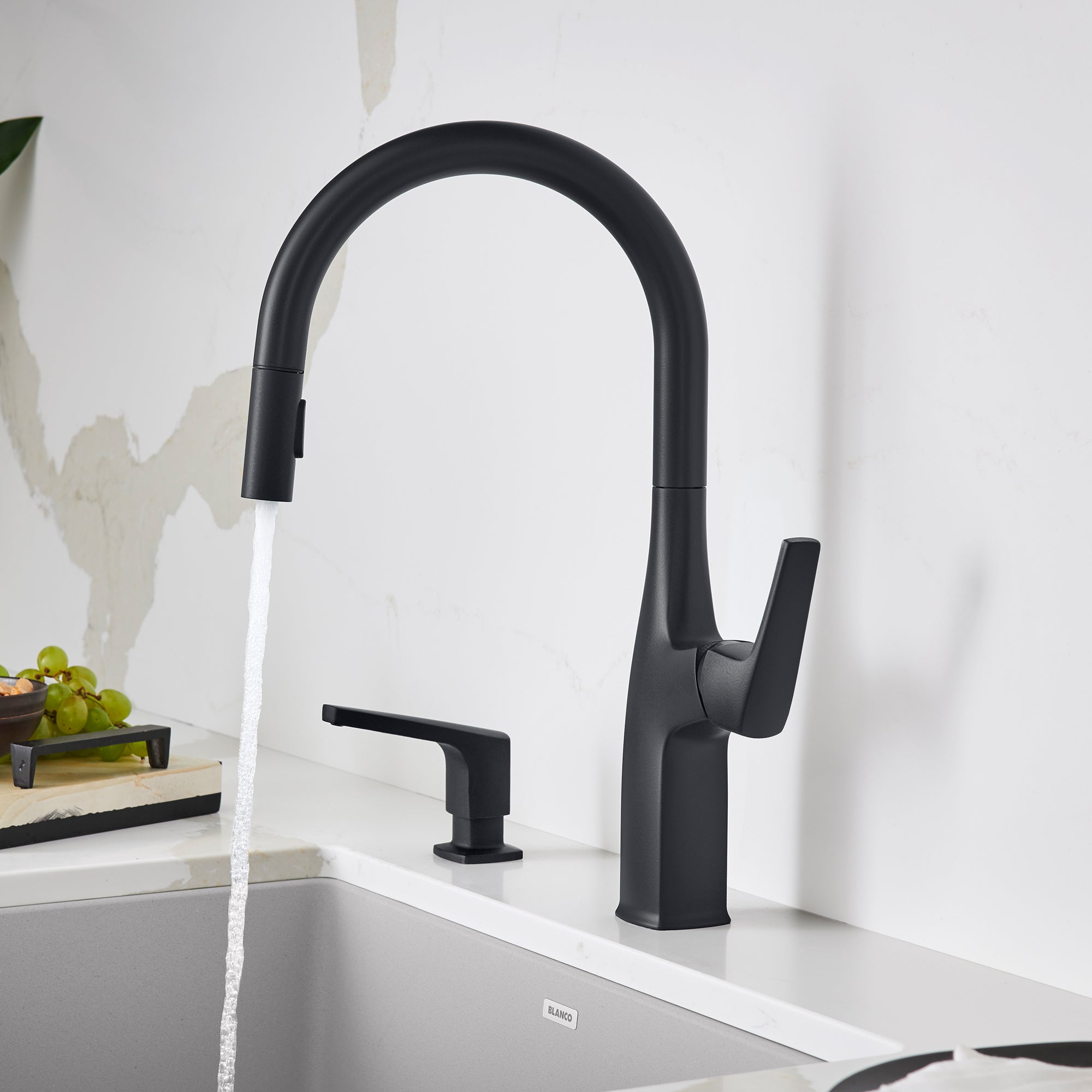 Blanco Rivana High-Arc Pull-Down Dual-Spray Kitchen Faucet, Matte Black, 1.5 GPM, Brass, 443020