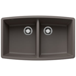 Alternate Image for Blanco Performa 33" Undermount Silgranit Kitchen Sink, 50/50 Double Bowl, Volcano Gray, No Faucet Hole, 443123