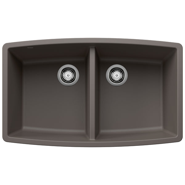 Blanco Performa 33" Undermount Silgranit Kitchen Sink, 50/50 Double Bowl, Volcano Gray, No Faucet Hole, 443123