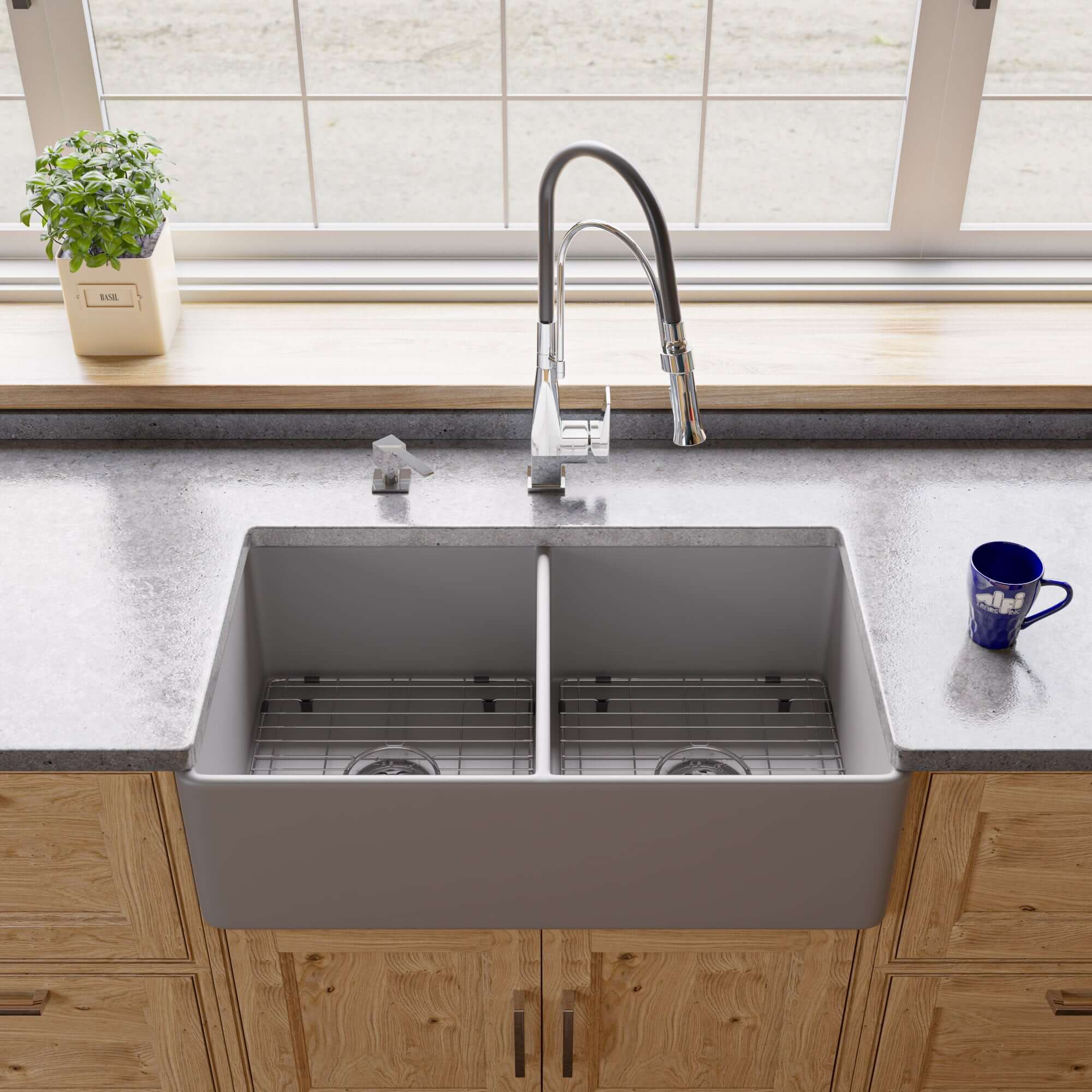ALFI brand 33" Fireclay Farmhouse Sink, 50/50 Double Bowl, Gray Matte, No Faucet Hole, ABF3318D-GM