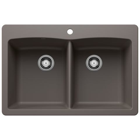 Blanco Diamond 33" Dual Mount Silgranit Kitchen Sink, 50/50 Double Bowl, Volcano Gray, 1 Faucet Hole, 443104