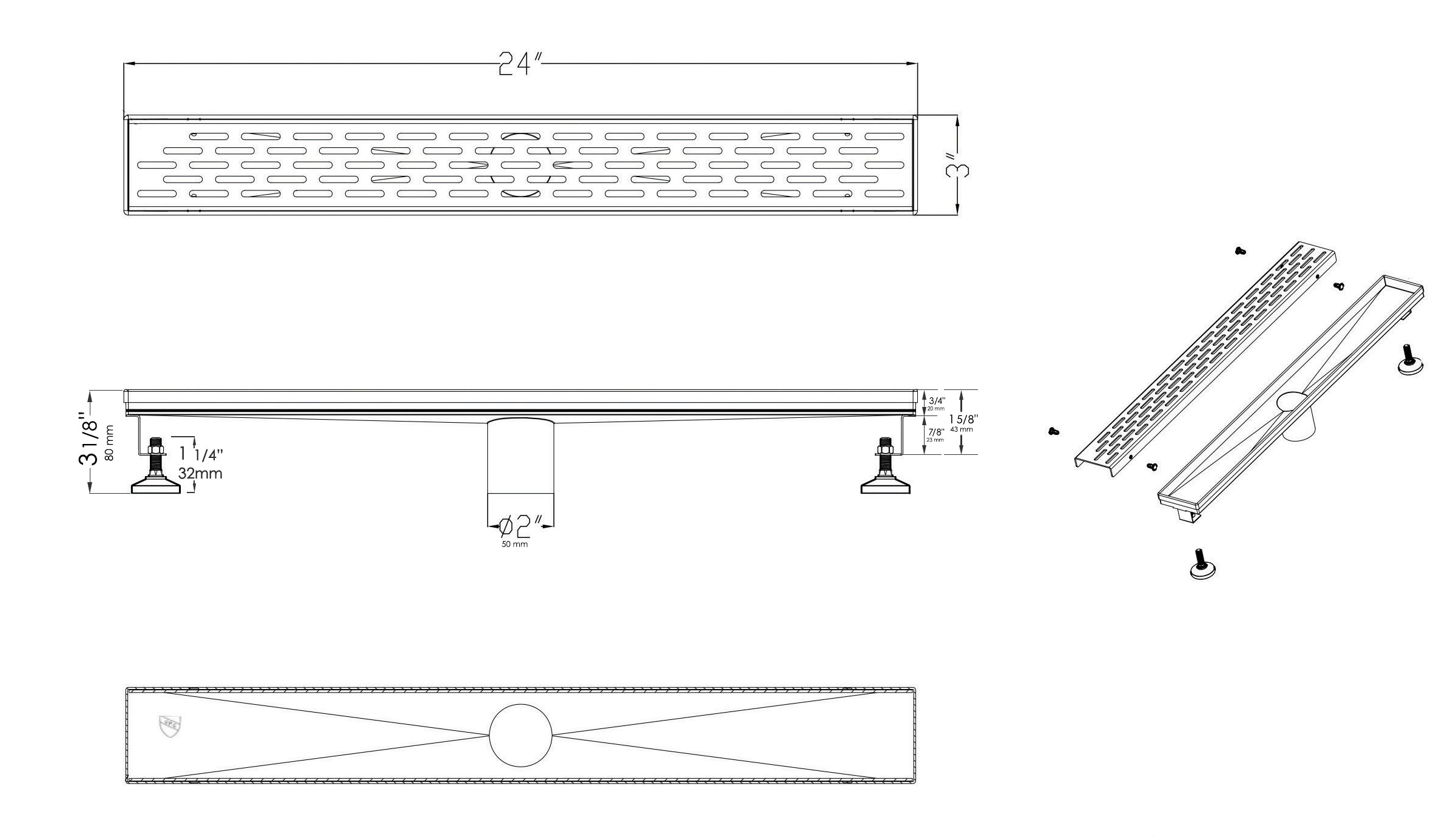 ALFI brand ABLD24C 24" Long Modern Stainless Steel Linear Shower Drain with Groove Holes, ABLD24C-BSS