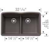 Blanco Diamond 32" Undermount Silgranit Kitchen Sink, 50/50 Double Bowl, Volcano Gray, No Faucet Hole, 443106