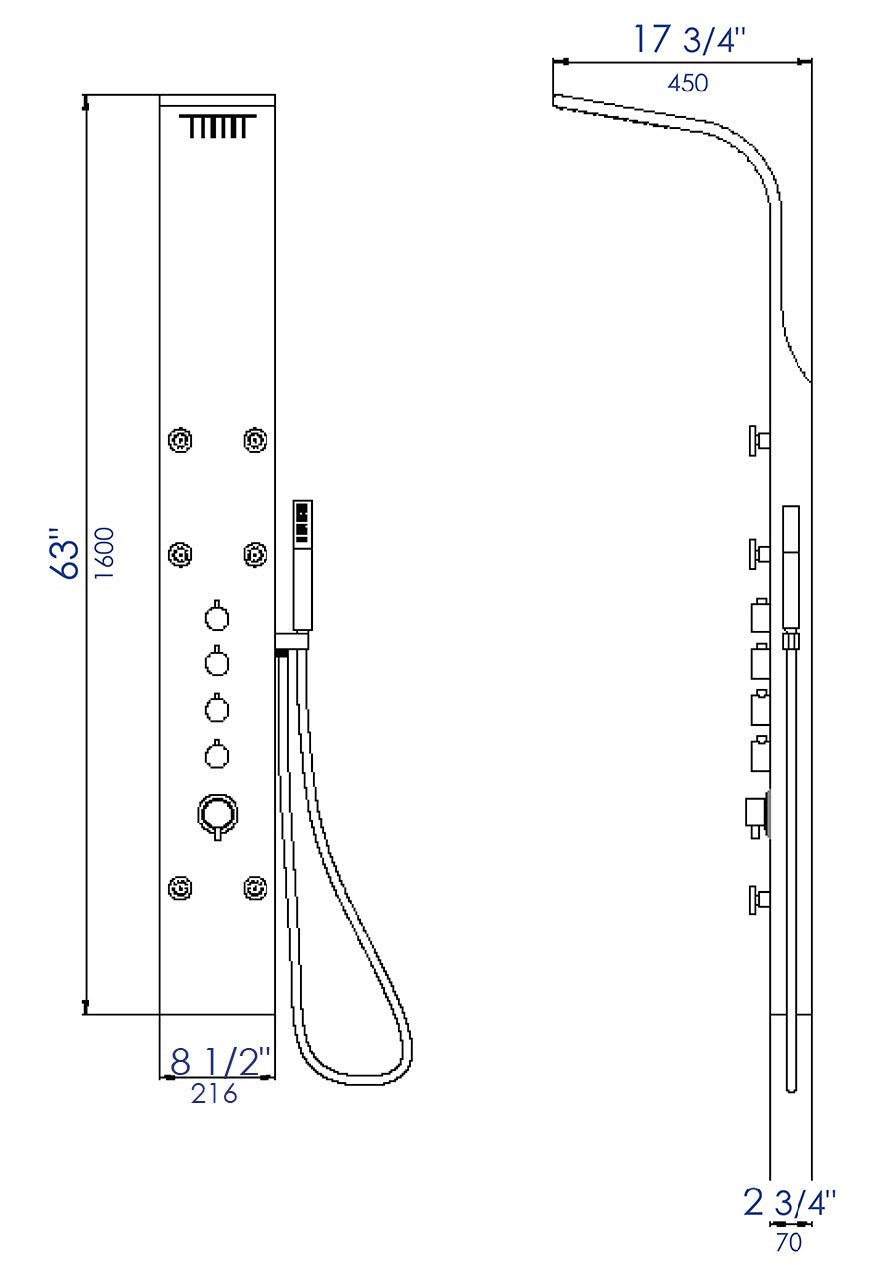 ALFI brand ABSP40 Stainless Steel Shower Panel with 6 Body Sprays, Grey