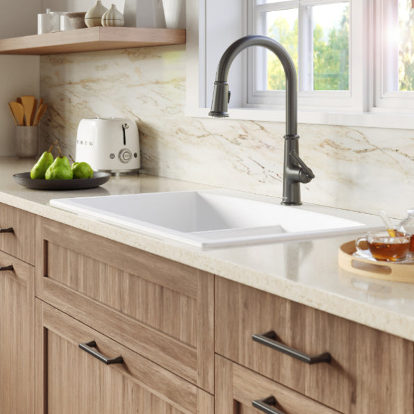 Karran 33" Drop In/Topmount Quartz Composite Kitchen Sink, 50/50 Double Bowl, White, QT-710-WH-PK1