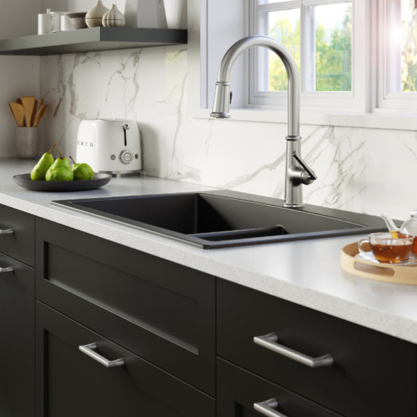 Karran 33" Drop In/Topmount Quartz Composite Kitchen Sink, 50/50 Double Bowl, Black, QT-710-BL-PK1