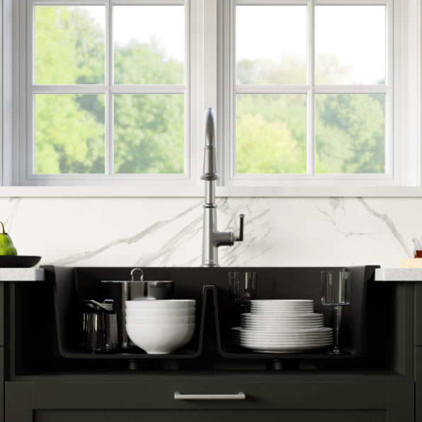 Karran 33" Drop In/Topmount Quartz Composite Kitchen Sink, 50/50 Double Bowl, Black, QT-710-BL-PK1