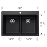 Blanco Liven 33" Dual Mount Silgranit Kitchen Sink, 50/50 Double Bowl, Coal Black, 1 Faucet Hole, 443202