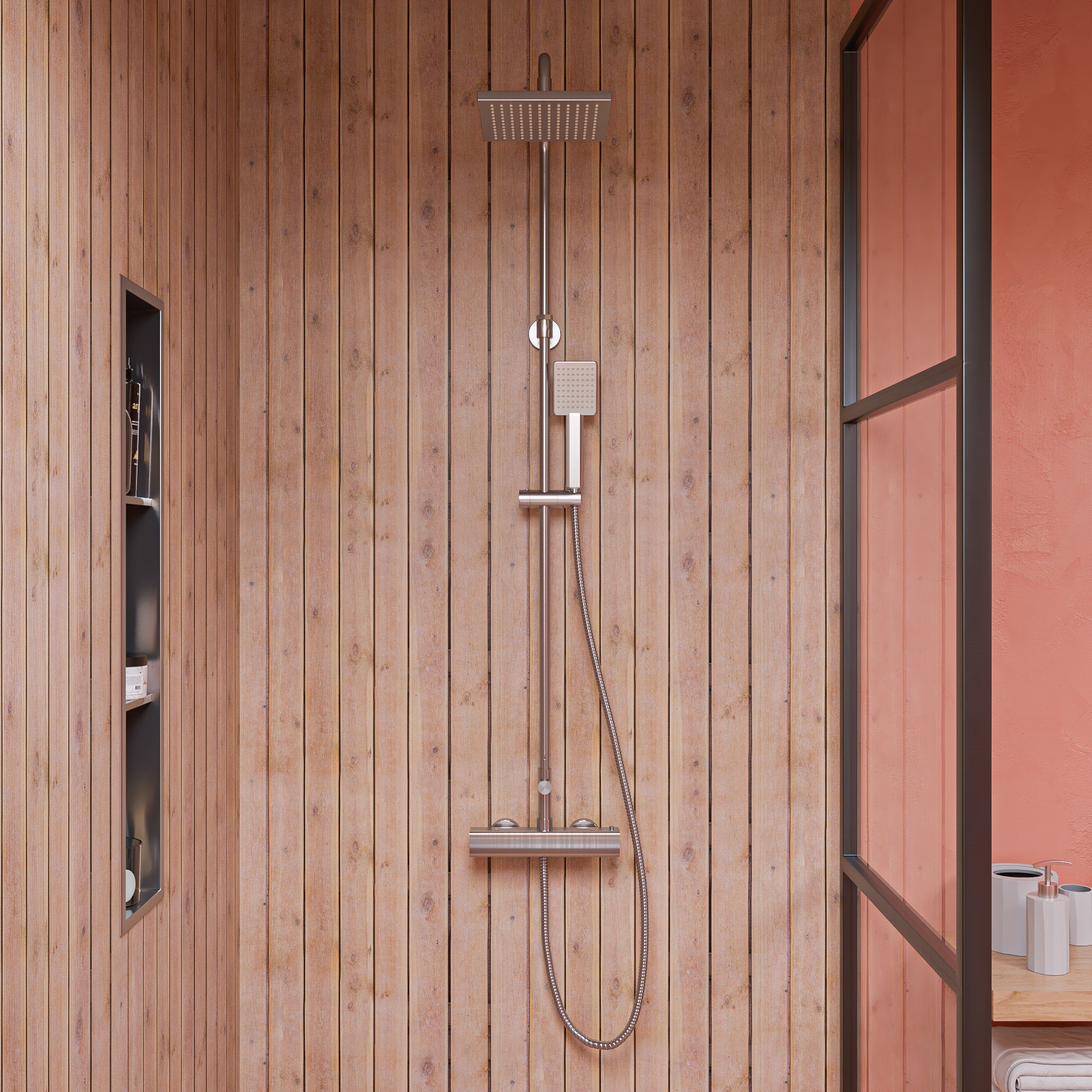 Alternative View of ALFI brand AB2862-BN Brushed Nickel Square Style Thermostatic Exposed Shower Set, Brass