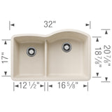 Blanco Diamond 32" Undermount Silgranit Kitchen Sink, 60/40 Double Bowl, Soft White, No Faucet Hole, 443066