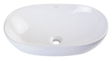 Eago 14.75" x 22.88" Oval Above Mount Porcelain Bathroom Sink, White, No Faucet Hole, BA352