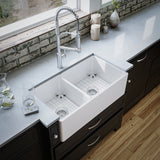 Karran Fireclay 33" Fireclay Farmhouse Sink with Accessories, 60/40 Double Bowl, White, FCP33DBWH