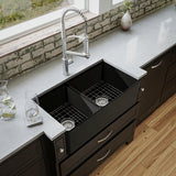 Karran Fireclay 33" Fireclay Workstation Farmhouse Sink with Accessories, 60/40 Double Bowl, Matte Black, FCWSF33DBMB-PK1