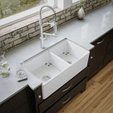 Karran Fireclay 33" Fireclay Workstation Farmhouse Sink with Accessories, 60/40 Double Bowl, White, FCWSF33DBWH-PK1