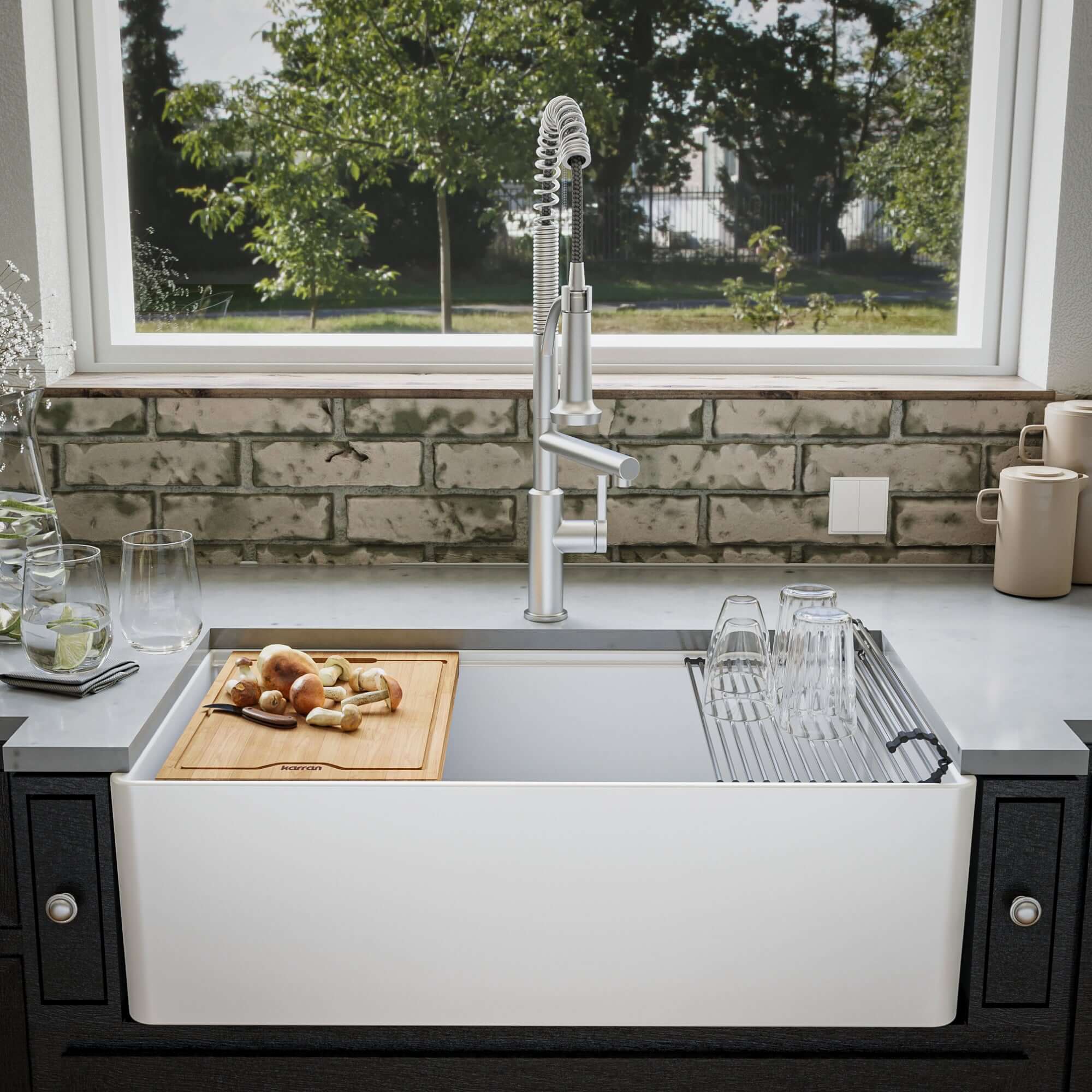 Karran Fireclay 33" Fireclay Workstation Farmhouse Sink with Accessories, White, FCWSF33SBWH-PK1