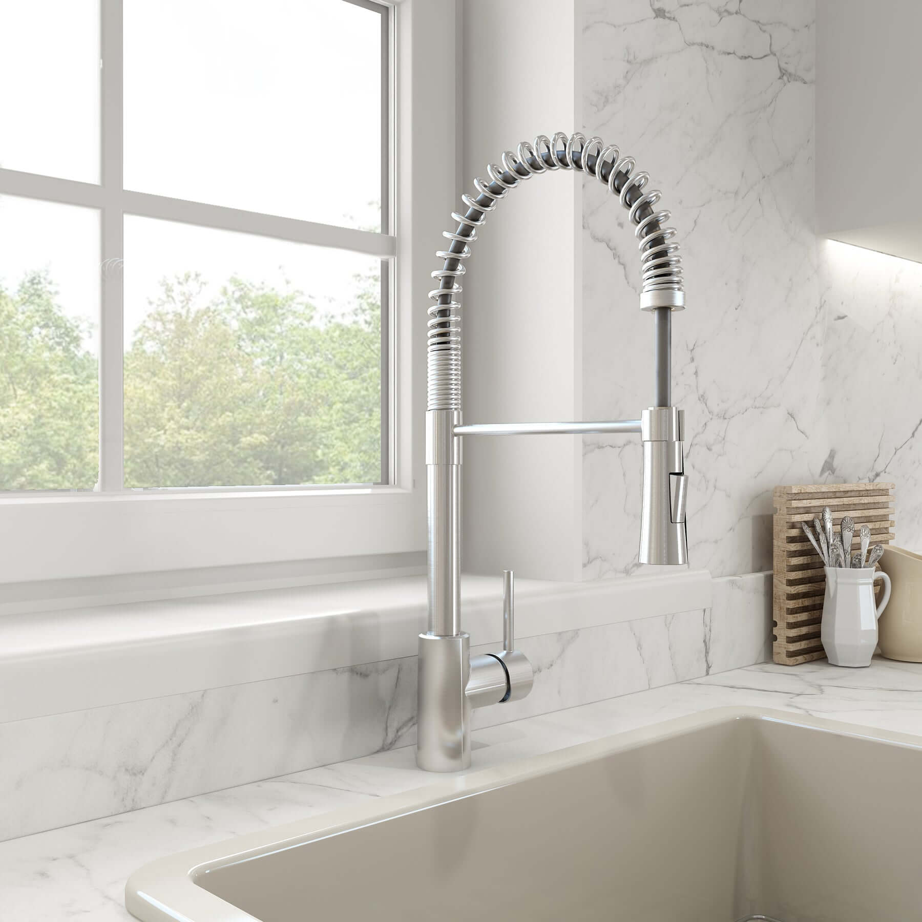 BOCCHI Contempo 33" Fireclay Farmhouse Sink Kit with Faucet and Accessories, White (sink) / Stainless Steel (faucet), 1352-001-2020SS