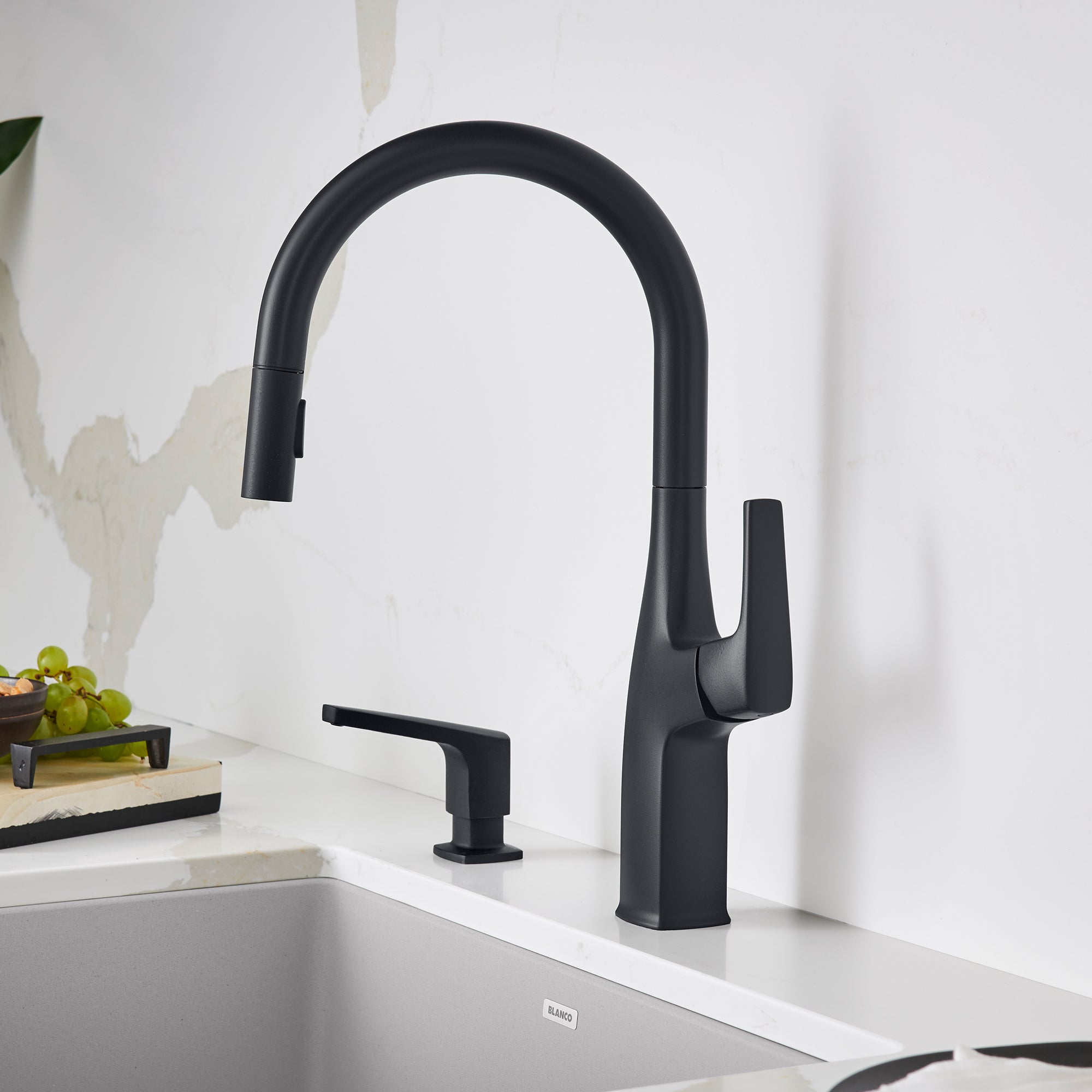 Blanco Rivana High-Arc Pull-Down Dual-Spray Kitchen Faucet, Matte Black, 1.5 GPM, Brass, 443020